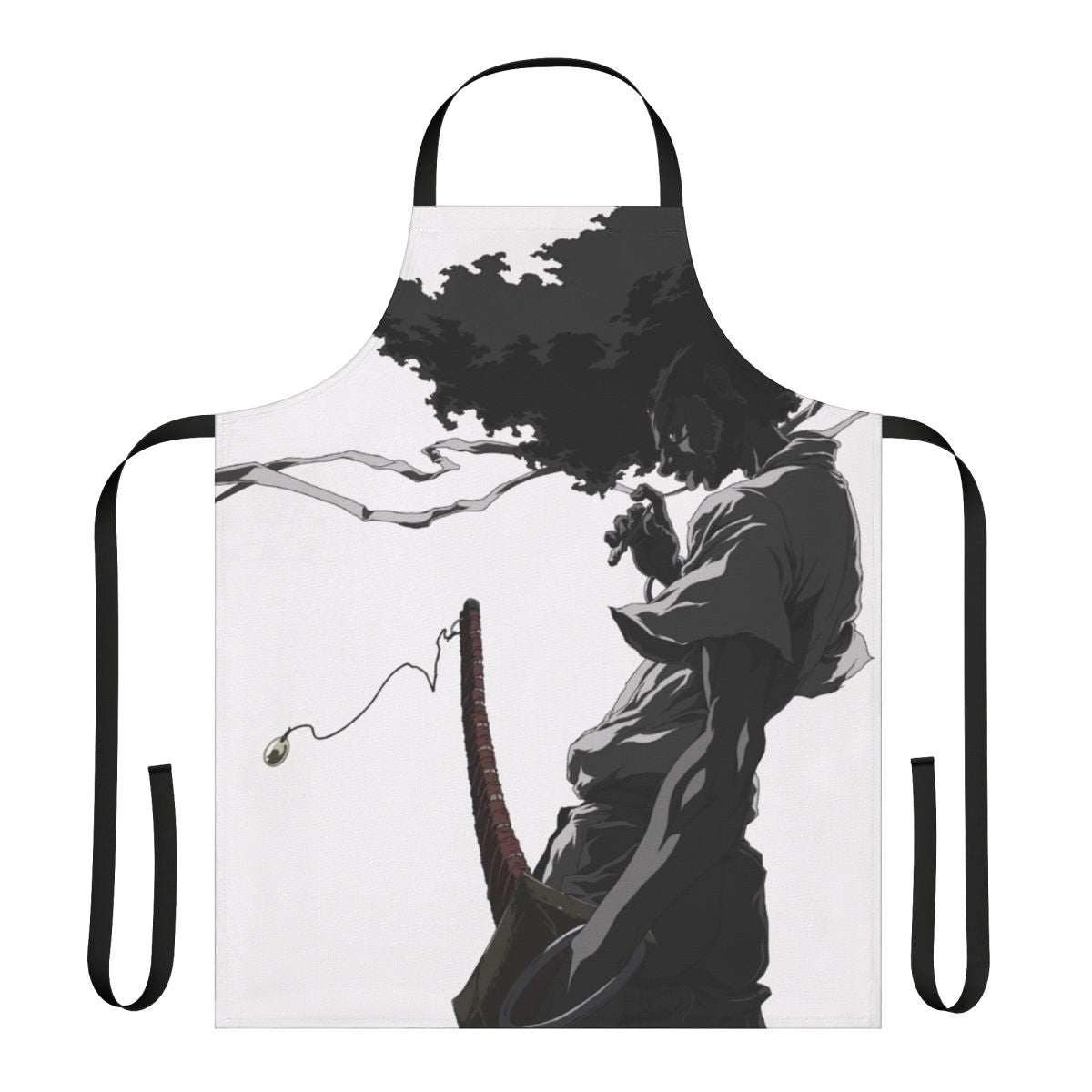 A black and white apron featuring the iconic design of the anime character Afro Samurai
