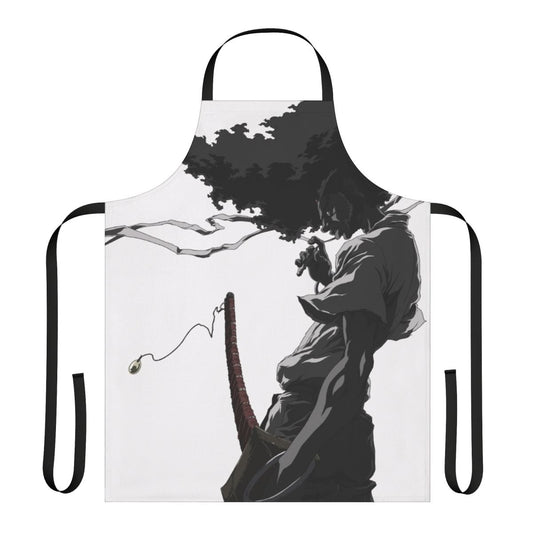 A black and white apron featuring the iconic design of the anime character Afro Samurai
