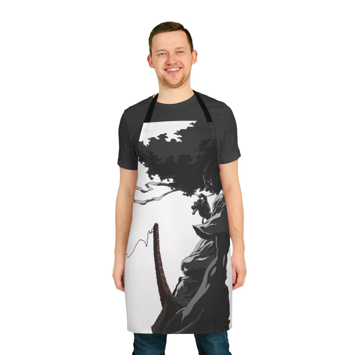 A black and white apron featuring the iconic design of the anime character Afro Samurai
