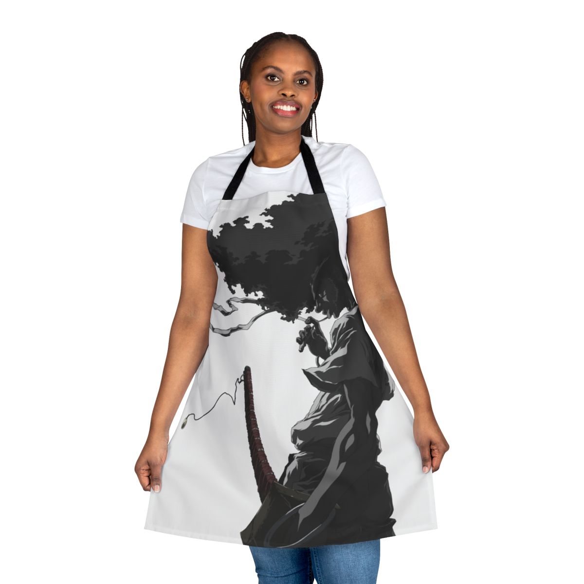 A black and white apron featuring the iconic design of the anime character Afro Samurai