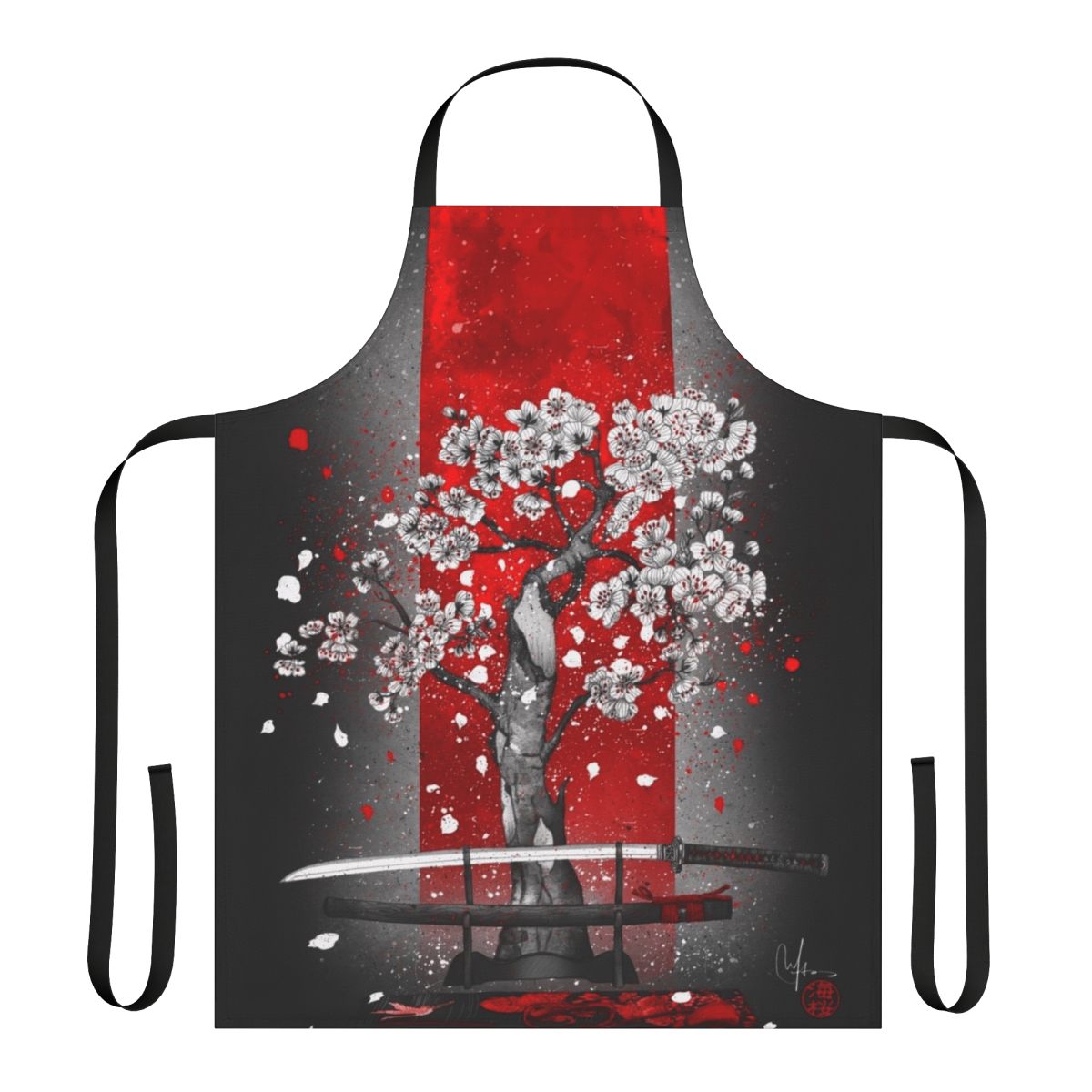 Elegant black and red apron with samurai and cherry blossom design