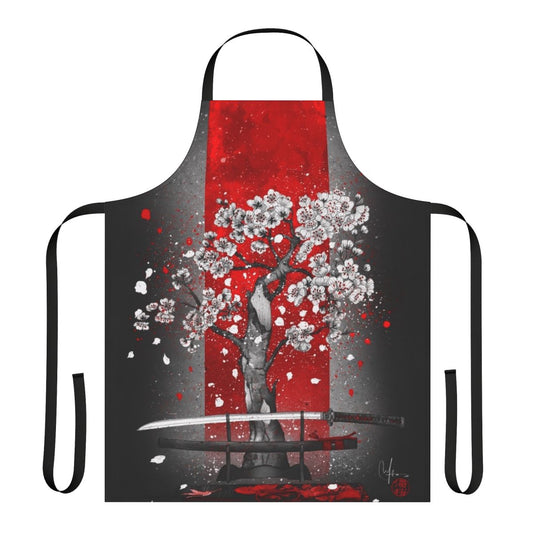 Elegant black and red apron with samurai and cherry blossom design