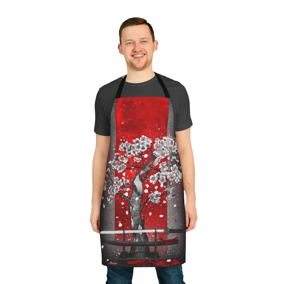 Elegant black and red apron with samurai and cherry blossom design