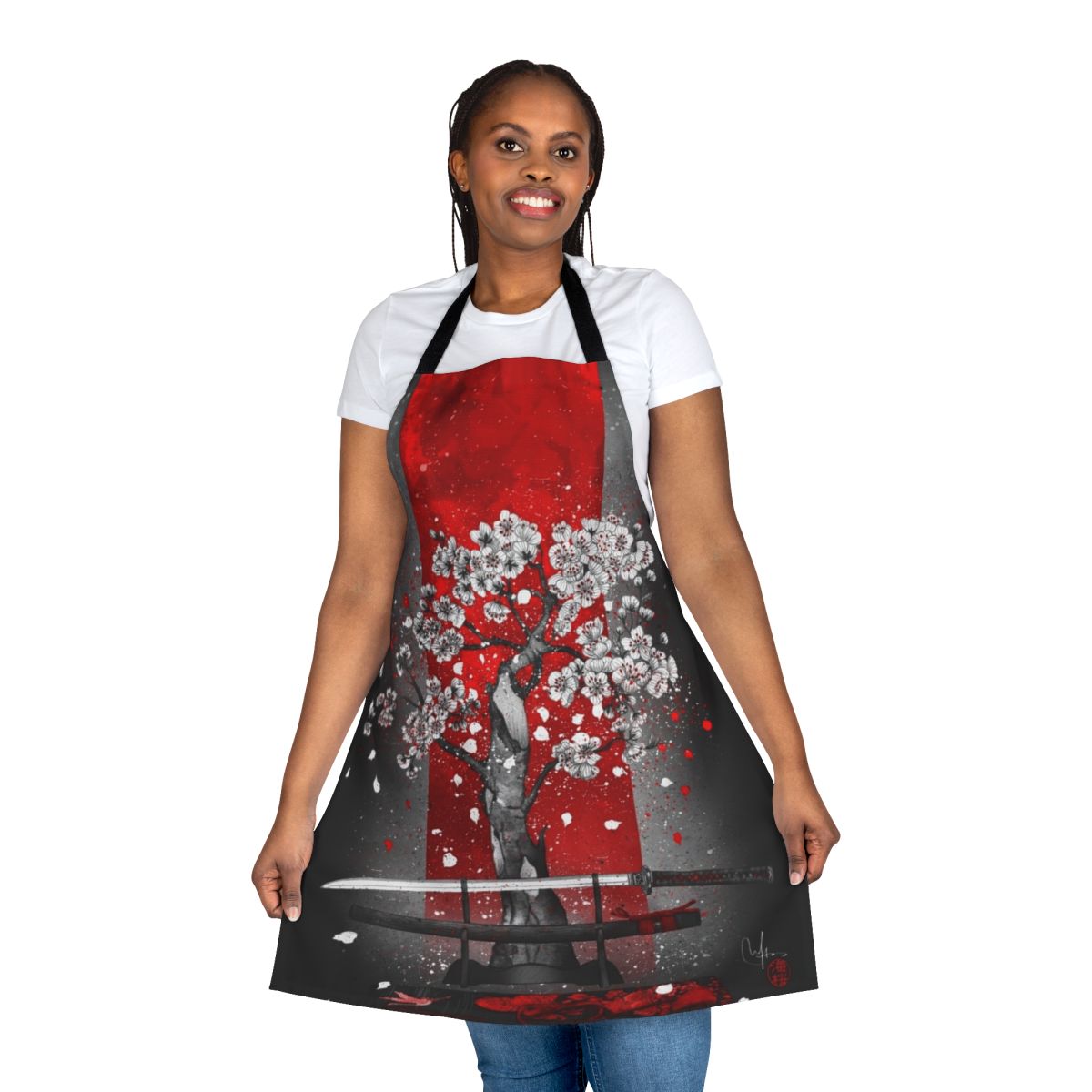 Elegant black and red apron with samurai and cherry blossom design
