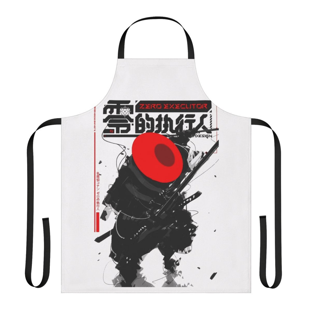 A bold, cyberpunk-styled apron featuring a samurai-inspired red hat design against a dark, futuristic backdrop.