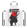 A bold, cyberpunk-styled apron featuring a samurai-inspired red hat design against a dark, futuristic backdrop.
