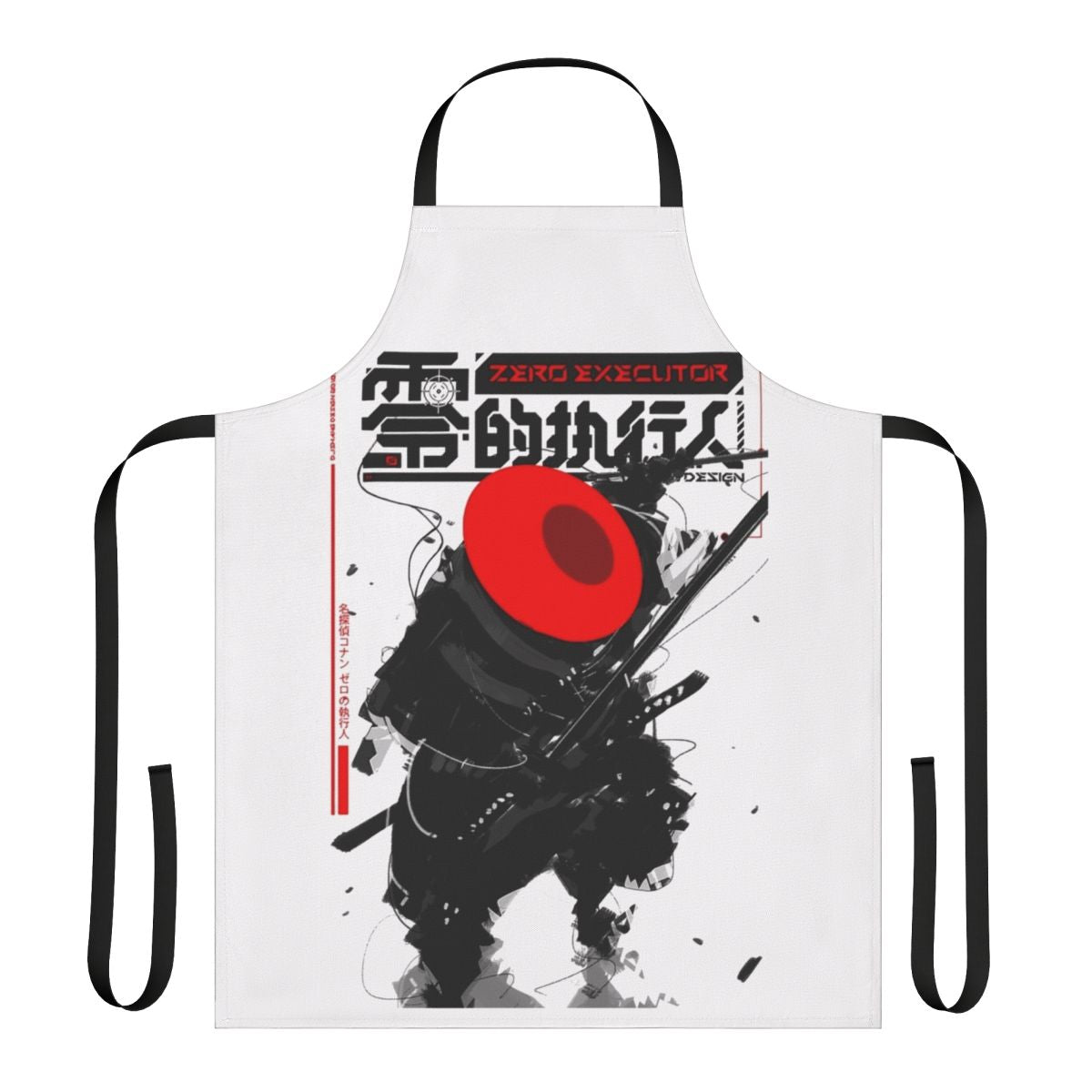 A bold, cyberpunk-styled apron featuring a samurai-inspired red hat design against a dark, futuristic backdrop.