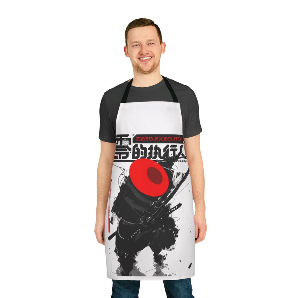 A bold, cyberpunk-styled apron featuring a samurai-inspired red hat design against a dark, futuristic backdrop.