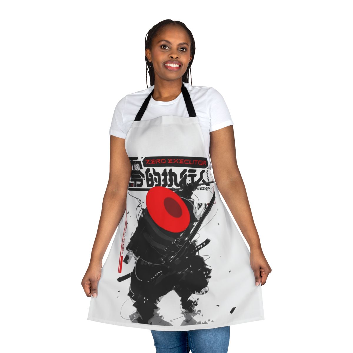 A bold, cyberpunk-styled apron featuring a samurai-inspired red hat design against a dark, futuristic backdrop.
