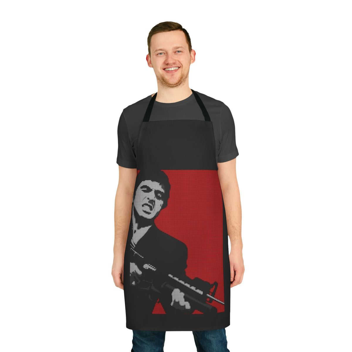Stylish scarface-themed apron with red, black, and white colors