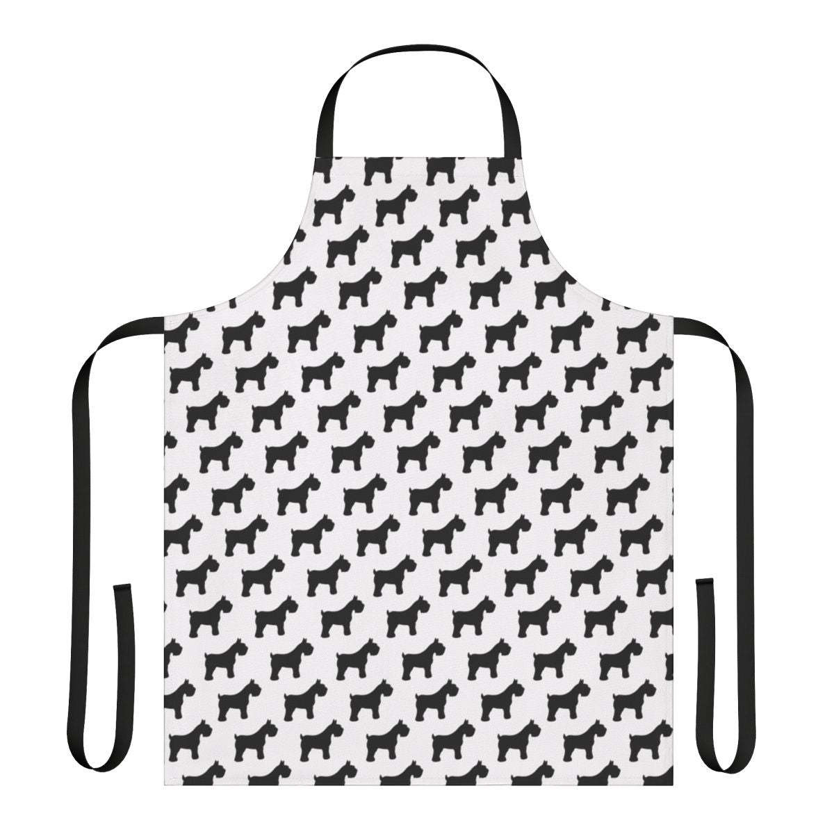 Black and white houndstooth pattern with a standing schnauzer silhouette design on a kitchen apron.