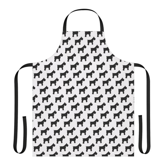 Black and white houndstooth pattern with a standing schnauzer silhouette design on a kitchen apron.