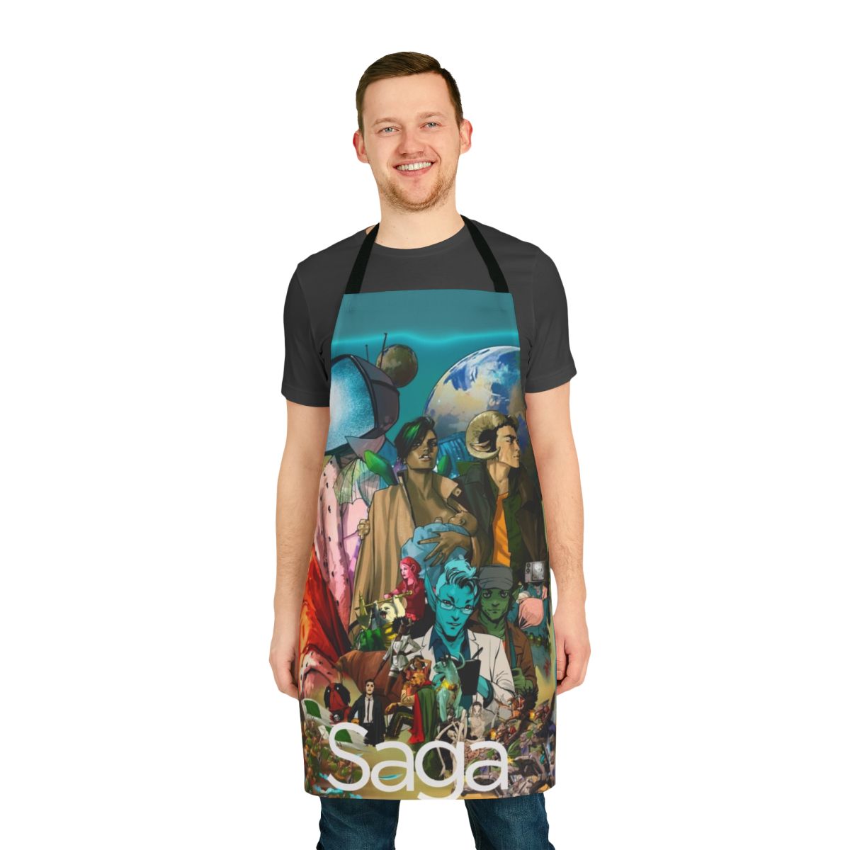 Vibrant sci-fi themed apron featuring iconic comic characters
