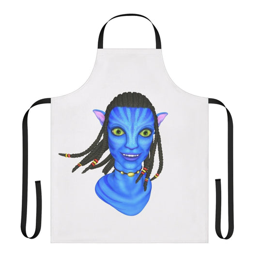 Vibrant sci-fi inspired apron featuring an avatar-like hairstyle design