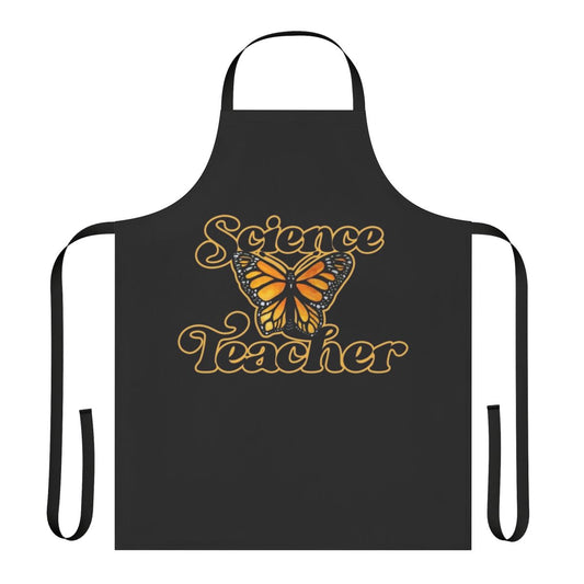 Science teacher wearing a durable and functional apron with butterfly design.