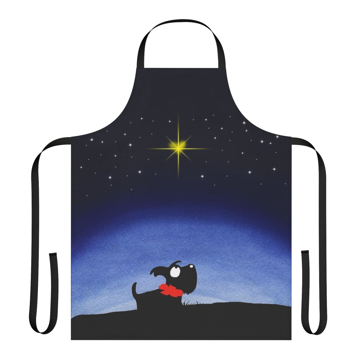 Closeup of a scottie dog-themed apron with a star pattern
