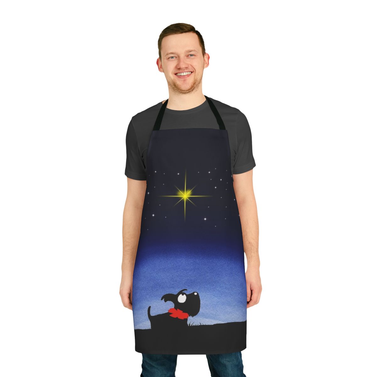 Closeup of a scottie dog-themed apron with a star pattern