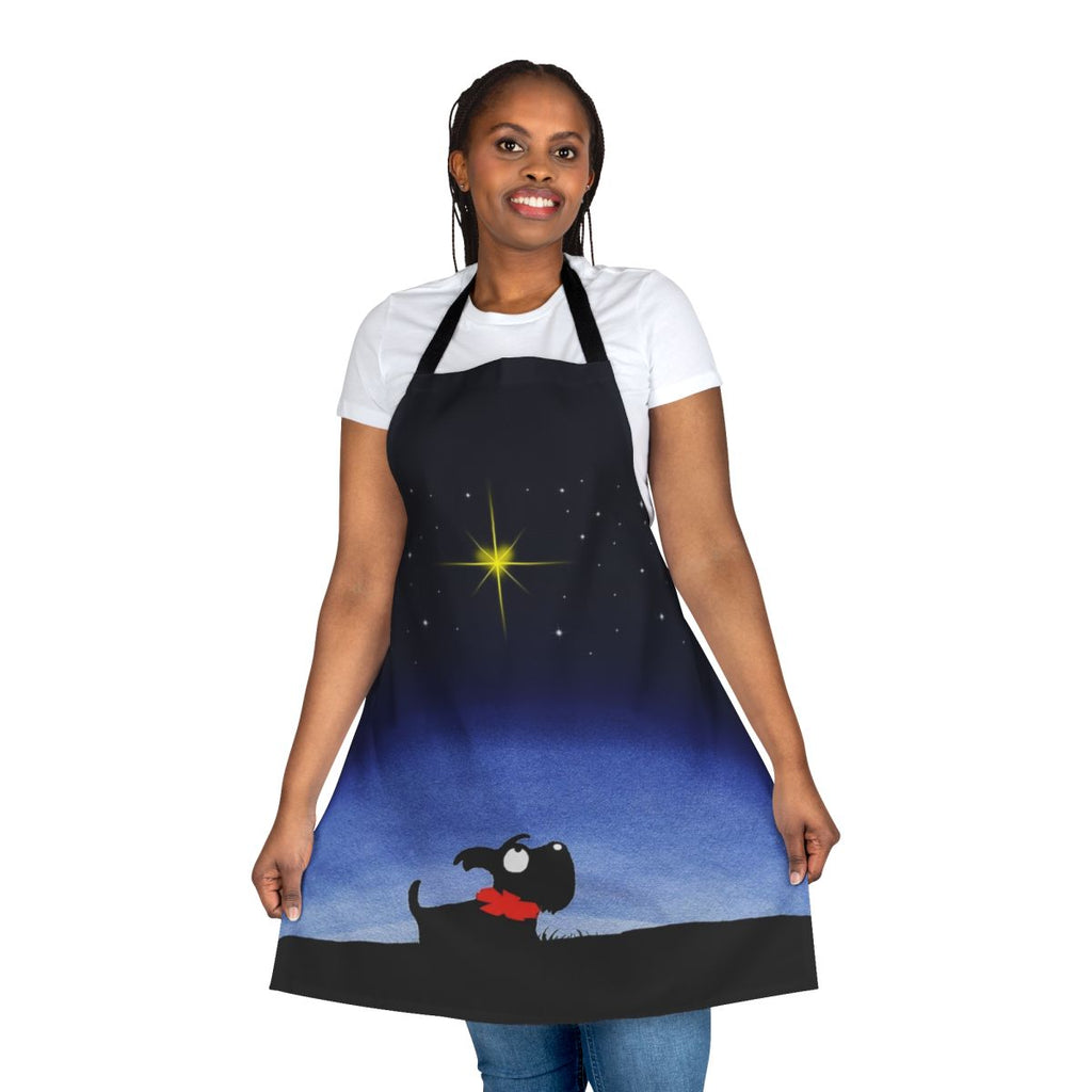 Closeup of a scottie dog-themed apron with a star pattern
