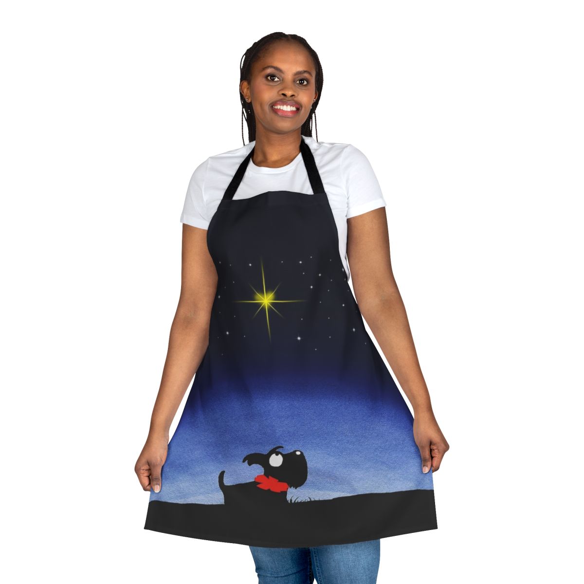 Closeup of a scottie dog-themed apron with a star pattern