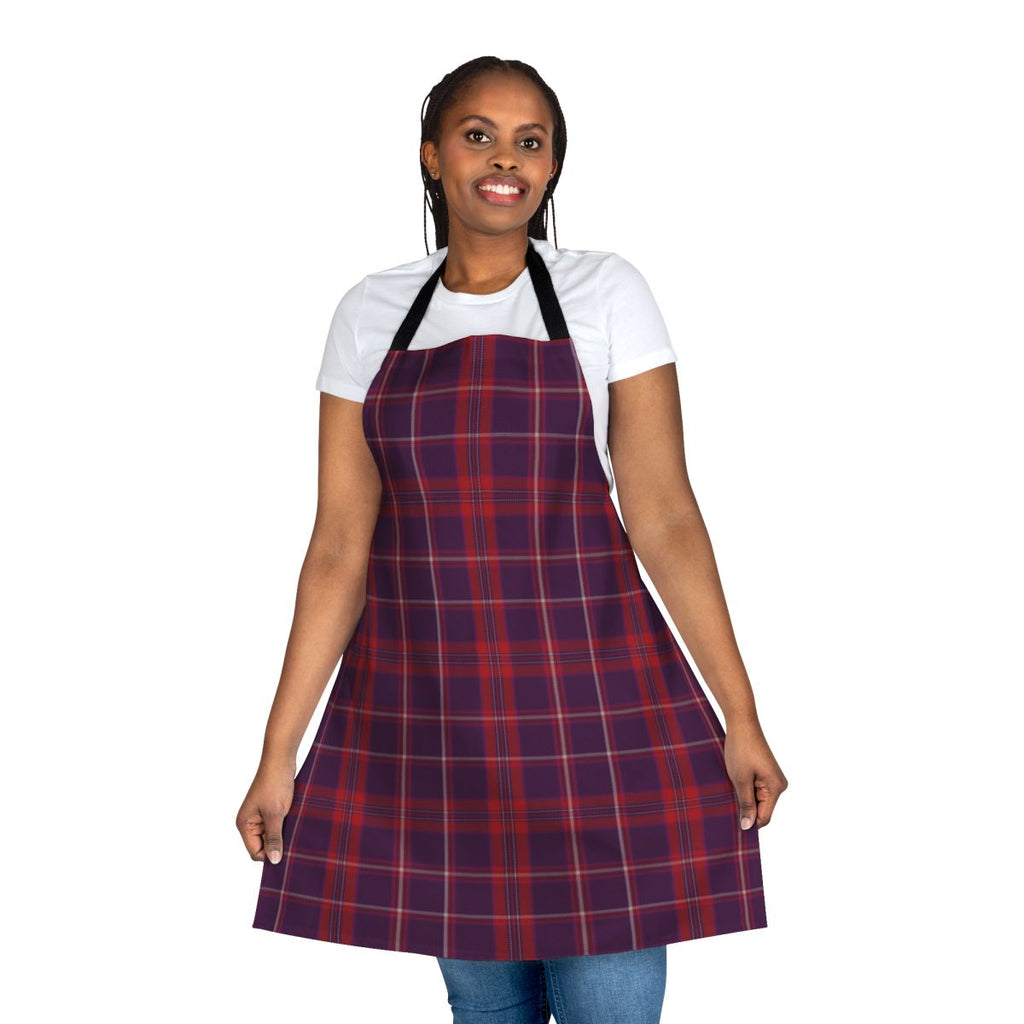 Tartan plaid apron in red, black, and white patterns