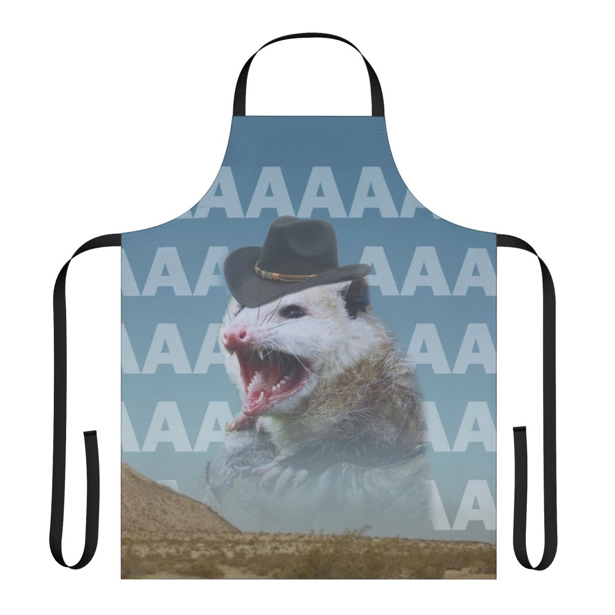 A vibrant apron featuring a screaming cowboy possum design