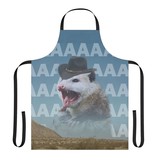 A vibrant apron featuring a screaming cowboy possum design