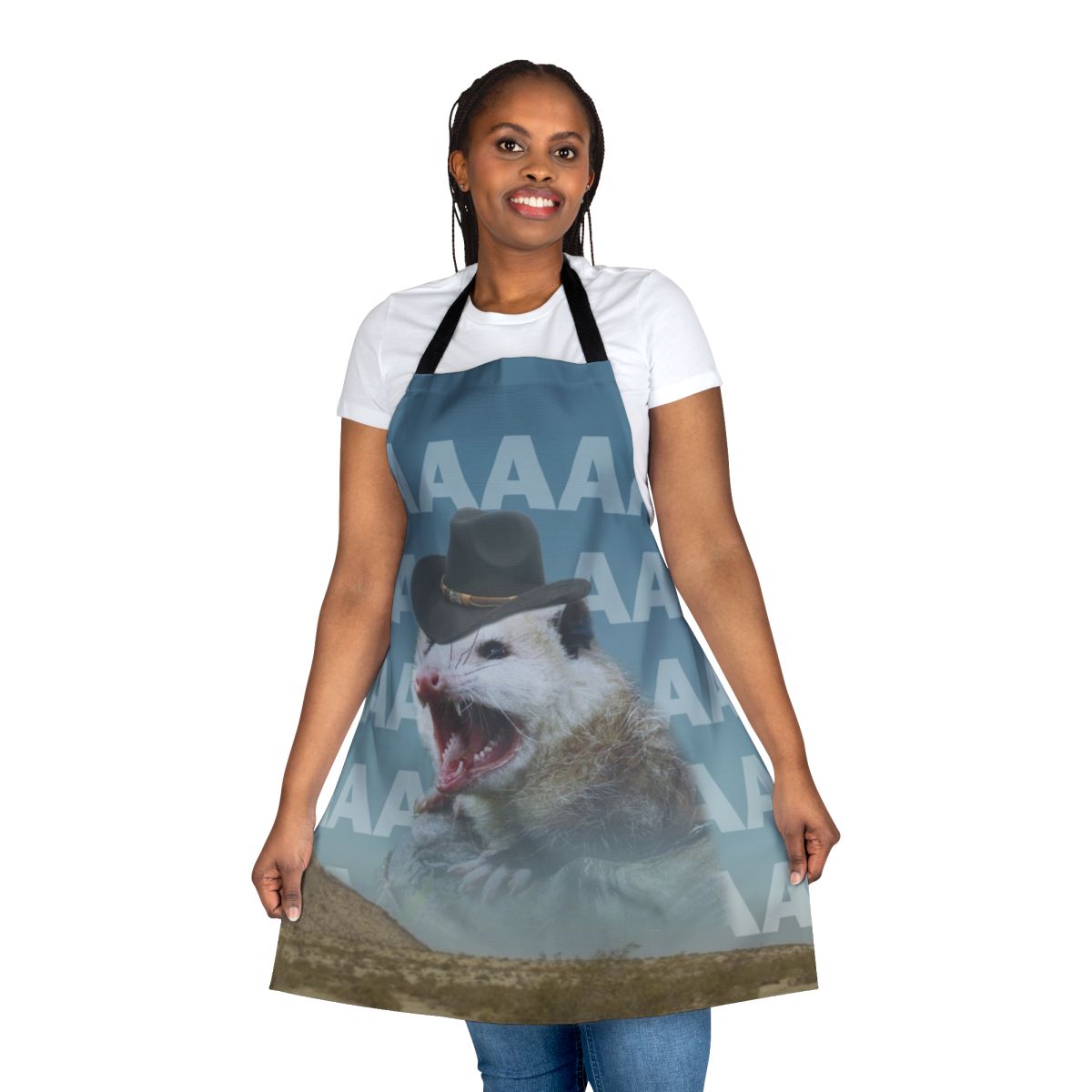 A vibrant apron featuring a screaming cowboy possum design
