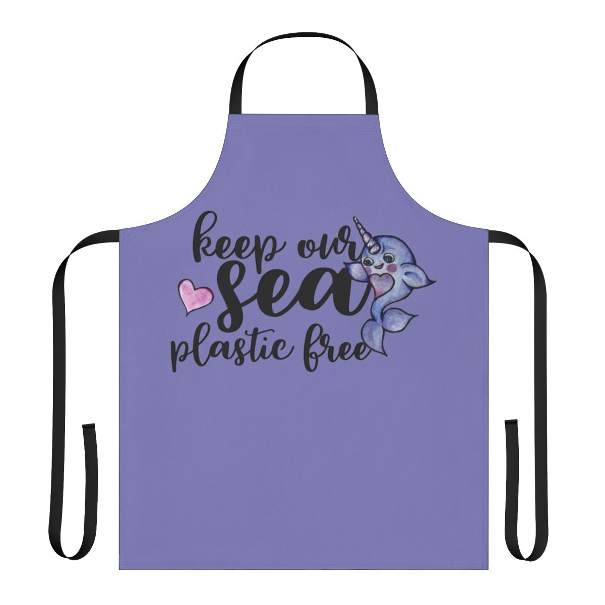 Narwhal-patterned apron in shades of blue, promoting a plastic-free ocean