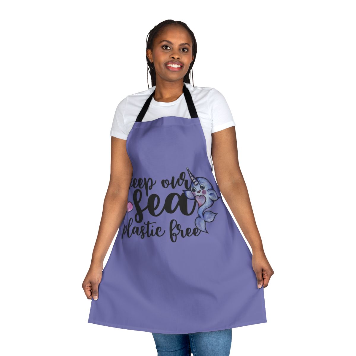 Narwhal-patterned apron in shades of blue, promoting a plastic-free ocean