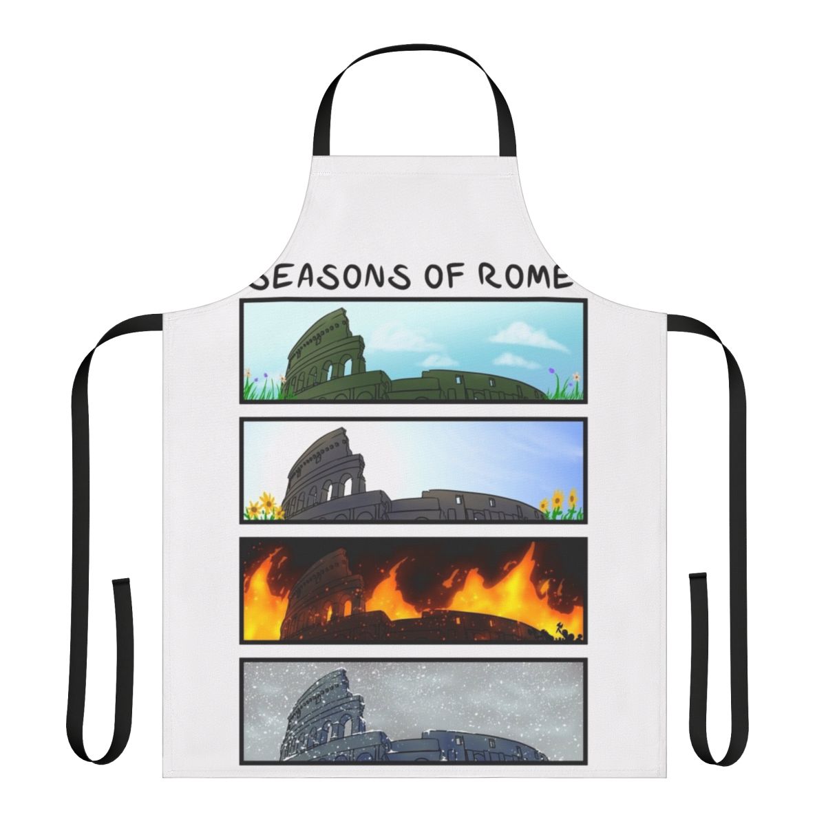 Seasons of Rome themed cooking apron with fall and ancient Rome inspired design