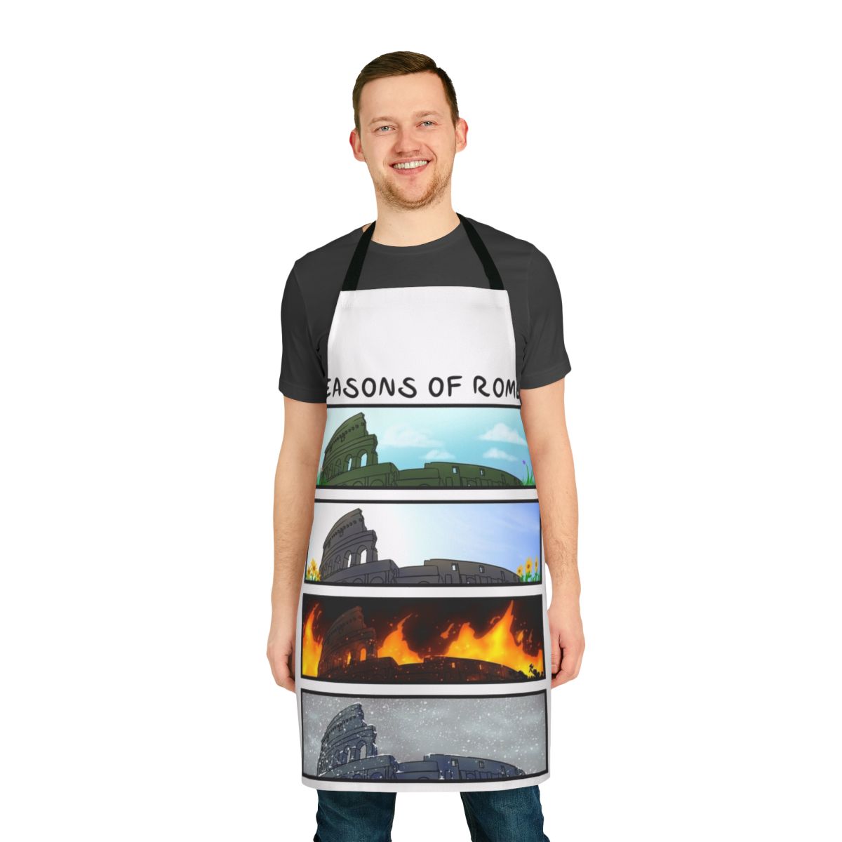 Seasons of Rome themed cooking apron with fall and ancient Rome inspired design