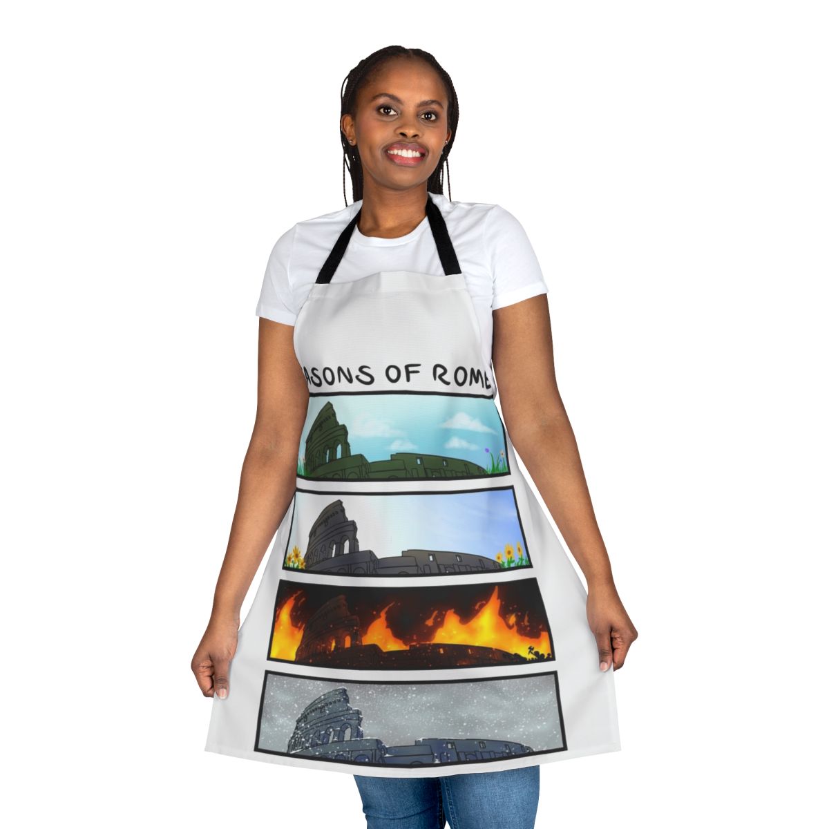 Seasons of Rome themed cooking apron with fall and ancient Rome inspired design