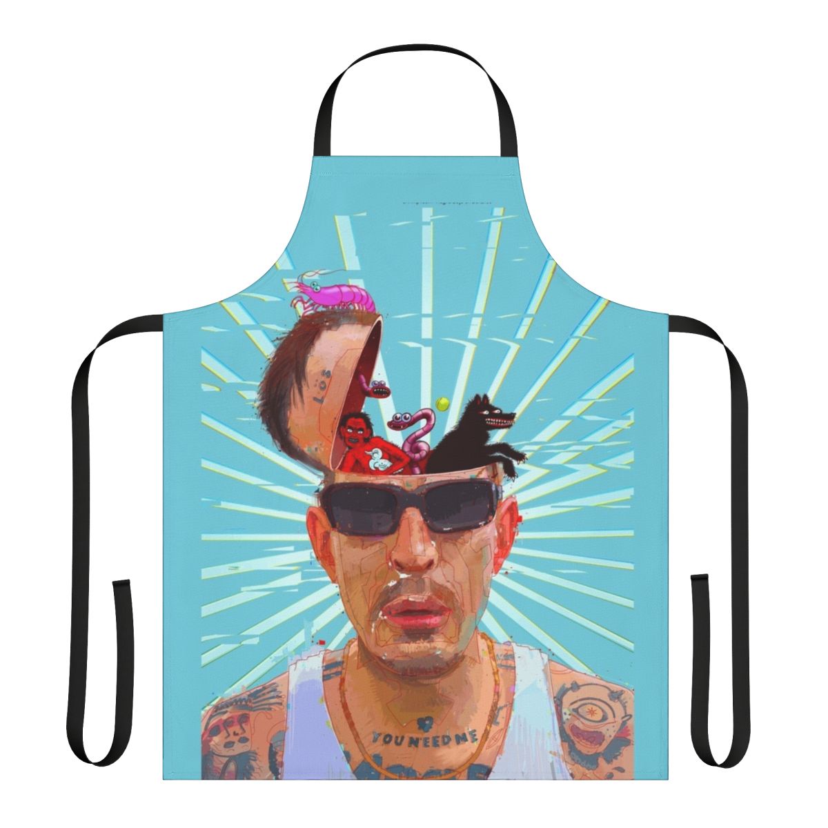 Vibrant apron featuring Viagra Boys artwork and Sebastian Murphy's distinctive style