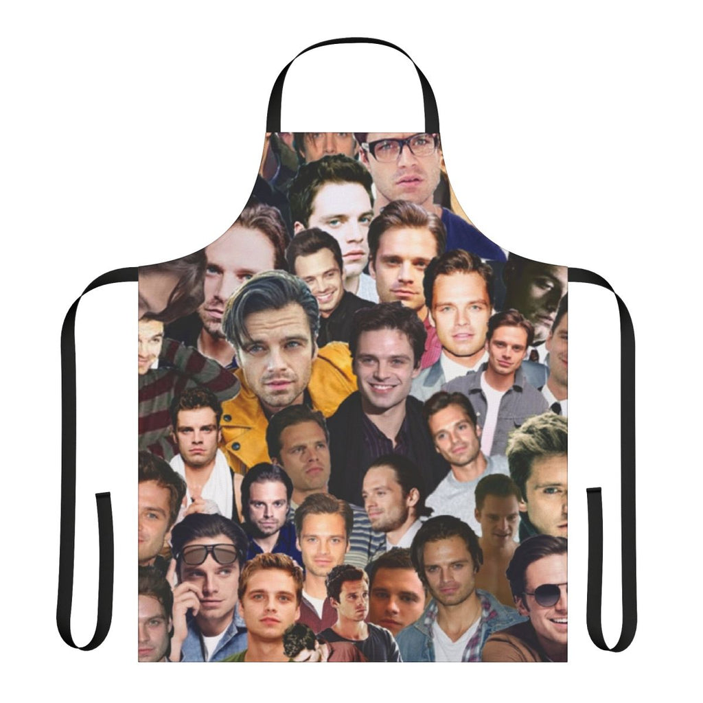 Artistic collage of actor Sebastian Stan as Bucky Barnes/Winter Soldier on an apron