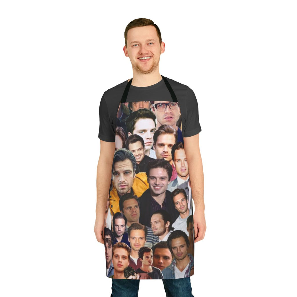 Artistic collage of actor Sebastian Stan as Bucky Barnes/Winter Soldier on an apron