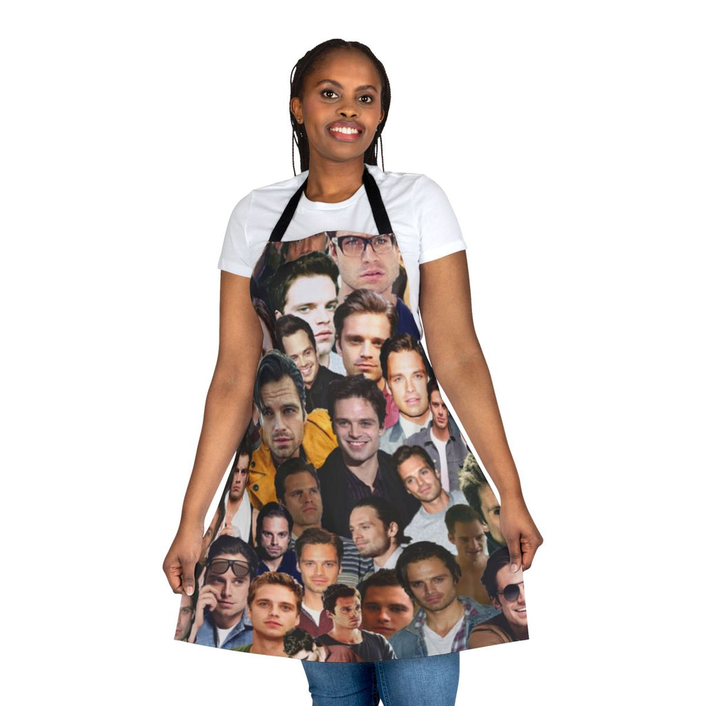 Artistic collage of actor Sebastian Stan as Bucky Barnes/Winter Soldier on an apron