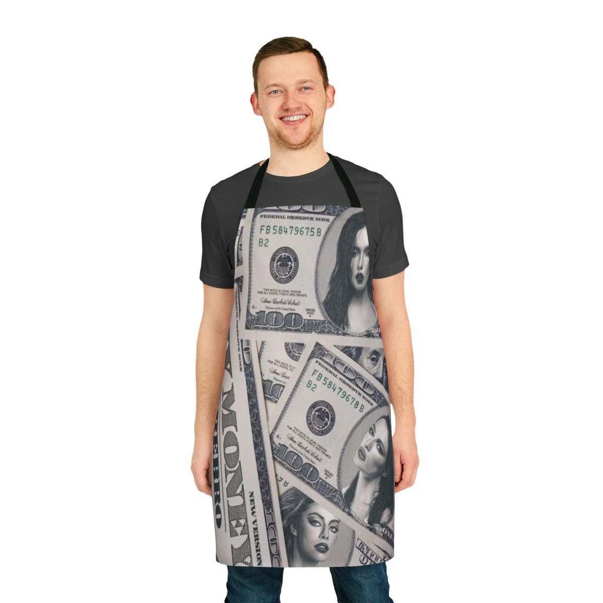 Serebro-themed apron with a music and money design