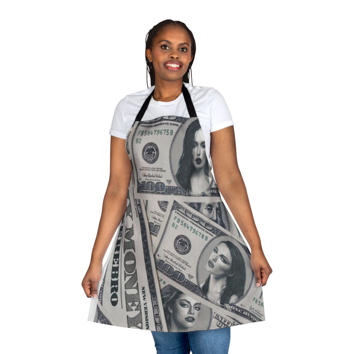 Serebro-themed apron with a music and money design