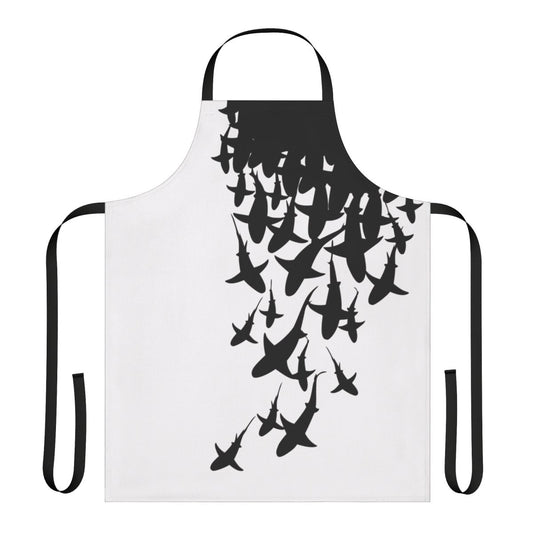 A sleek and modern black and white apron featuring a striking shark pattern, perfect for the kitchen or as a gift for shark enthusiasts.