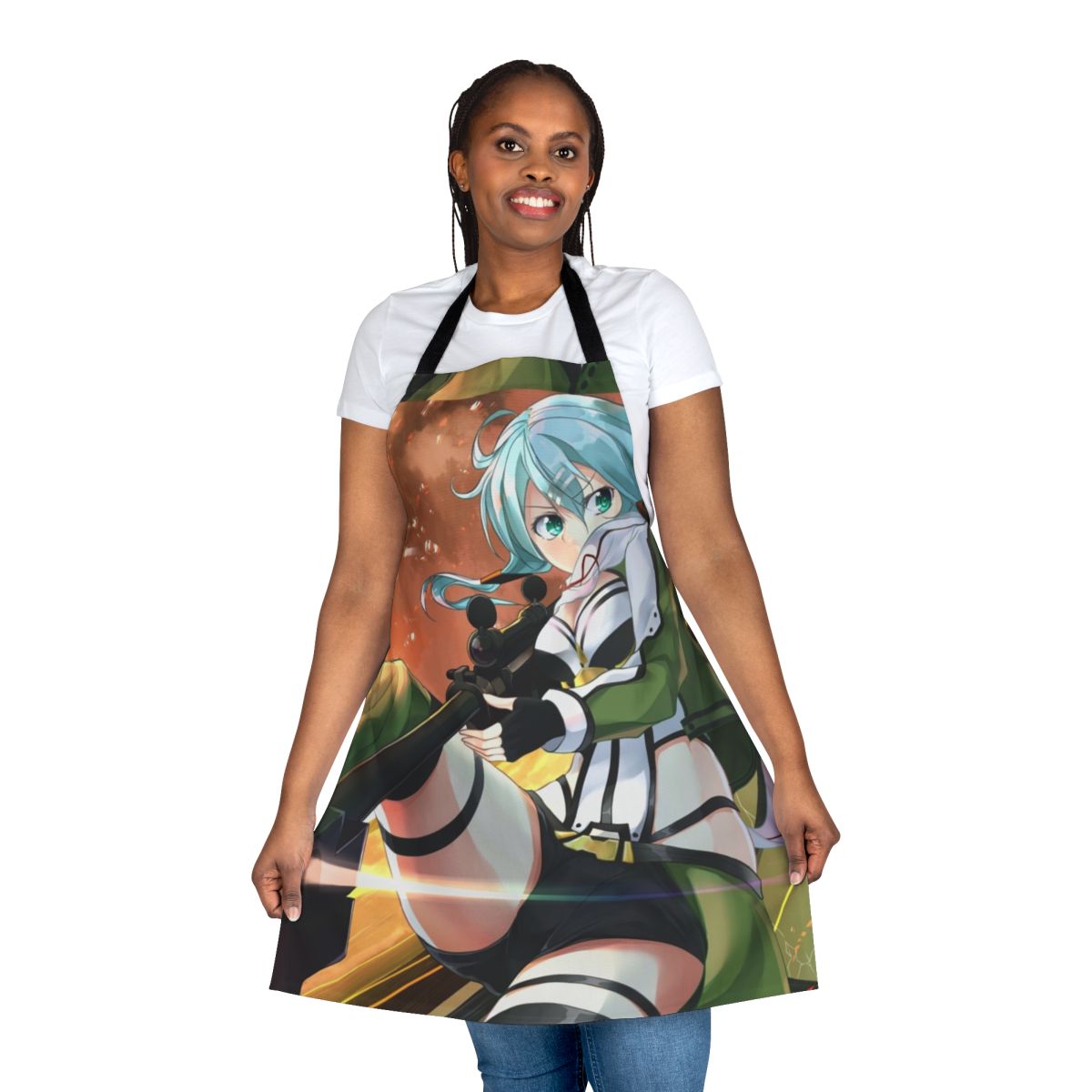 Sinon-inspired apron with rifle design, perfect for anime and gaming enthusiasts