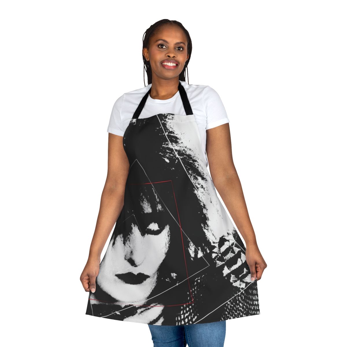 Siouxsie Sioux-inspired black and white apron with gothic and punk rock design