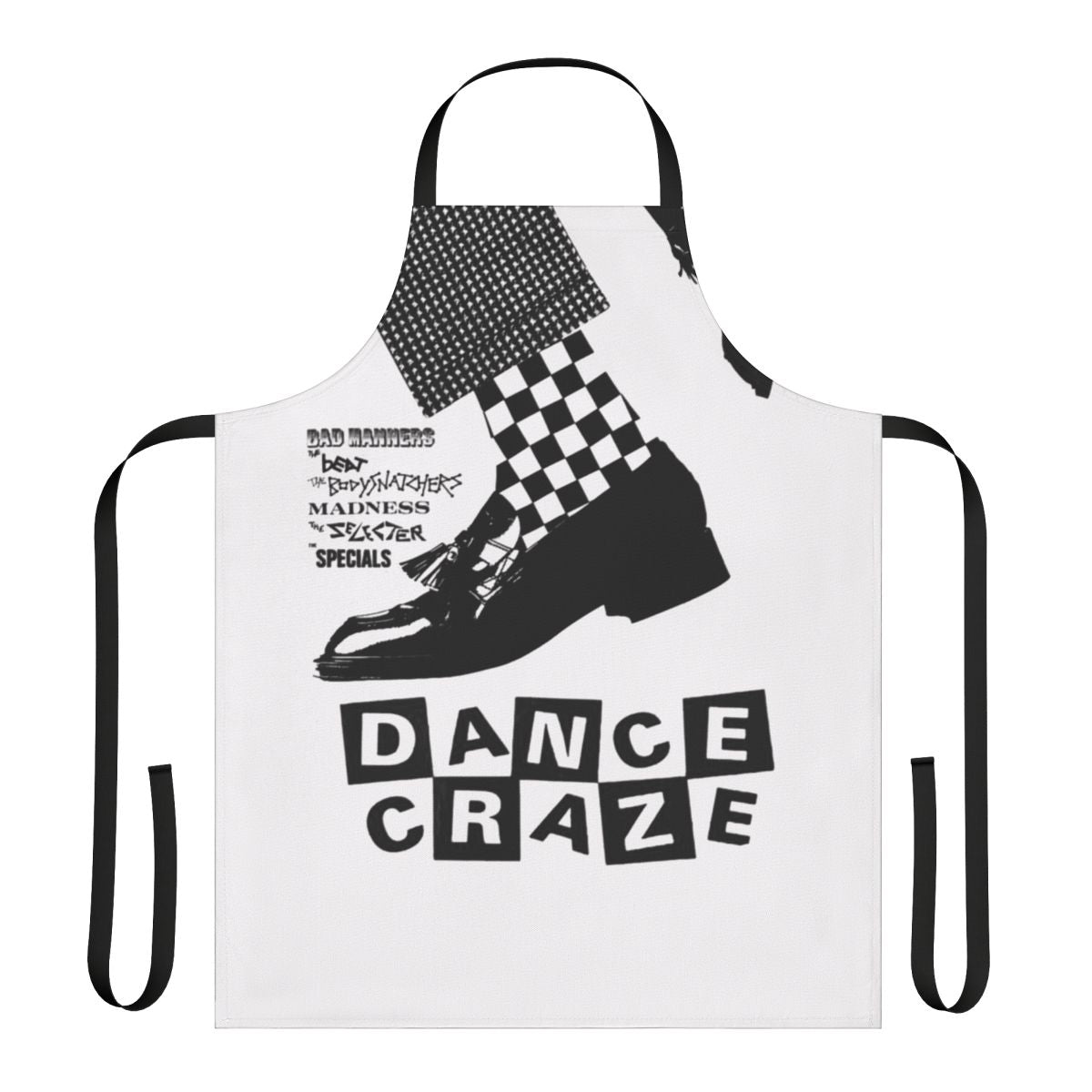 Vibrant apron featuring a ska dance design, perfect for the kitchen or as a fashion statement.