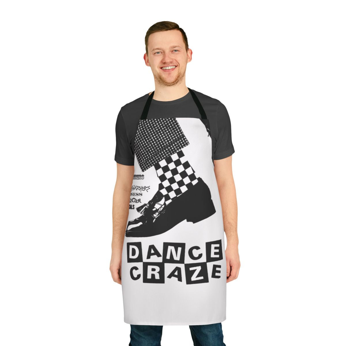 Vibrant apron featuring a ska dance design, perfect for the kitchen or as a fashion statement.