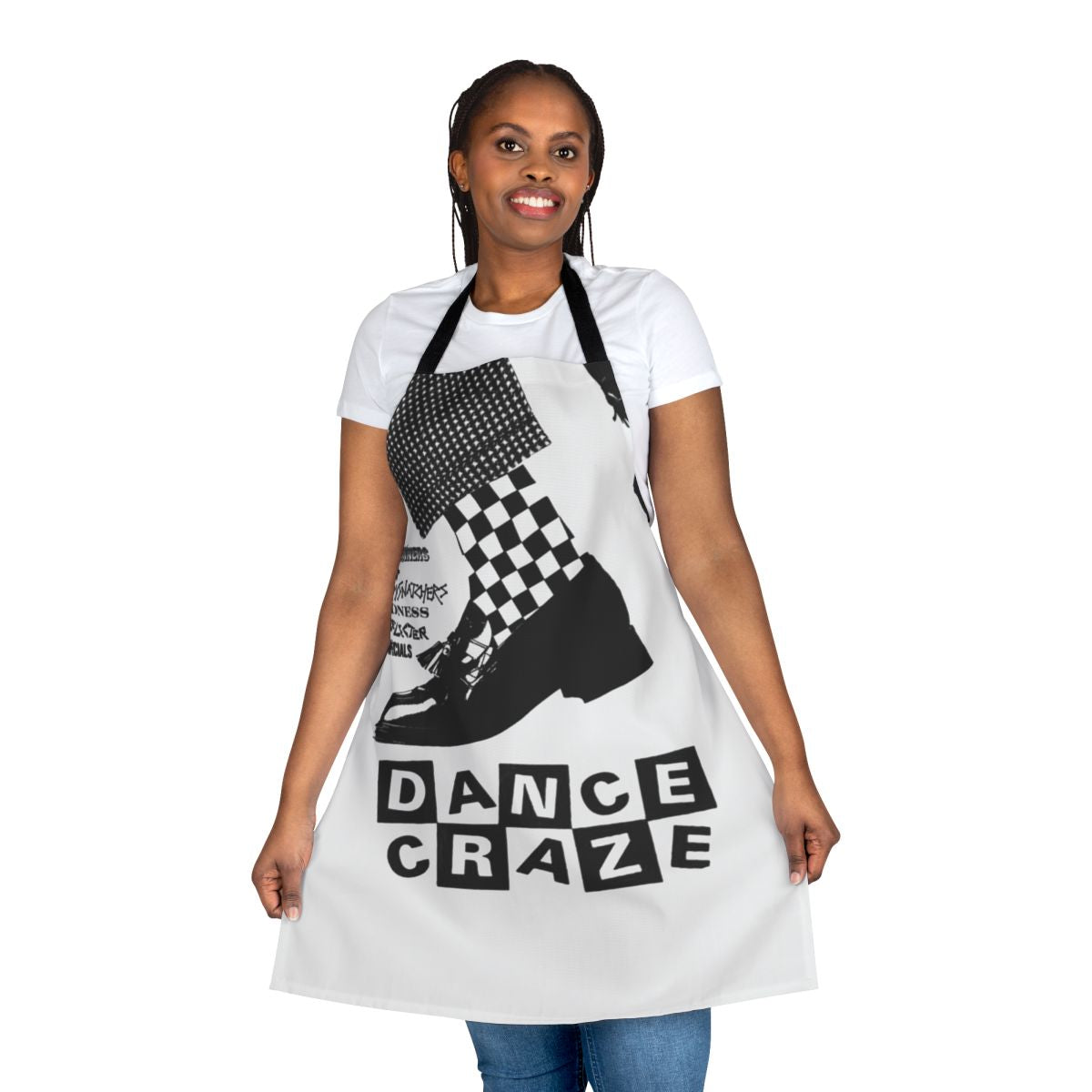 Vibrant apron featuring a ska dance design, perfect for the kitchen or as a fashion statement.