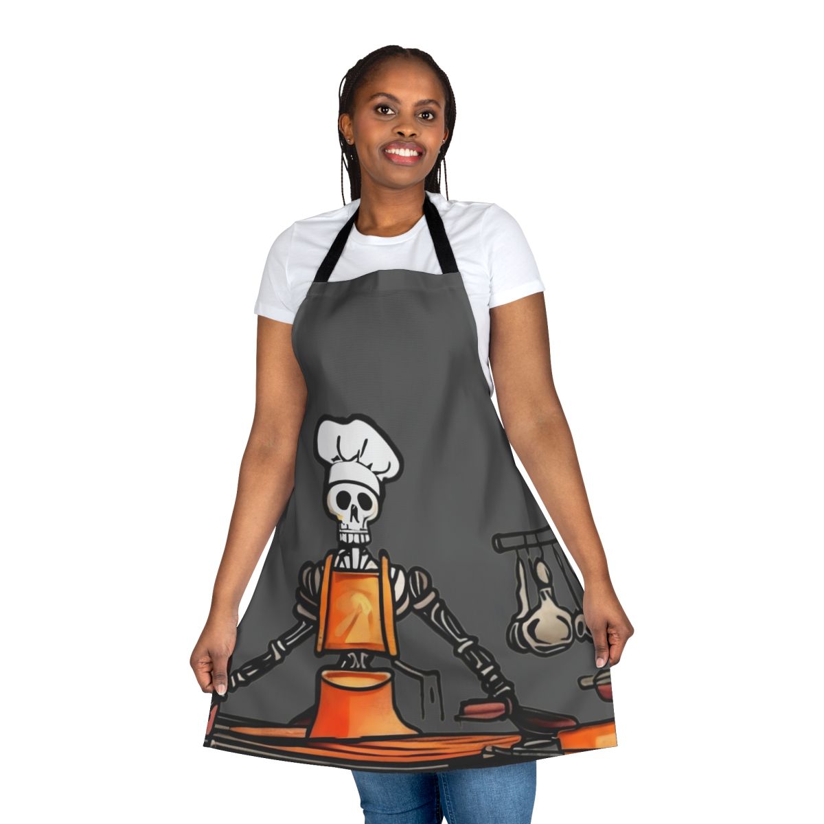 Skeleton chef apron with bold graphic design for culinary professionals
