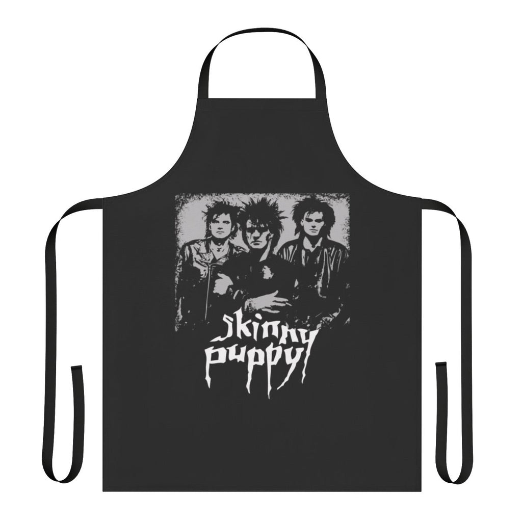A dark, punk-inspired apron featuring the Skinny Puppy band logo