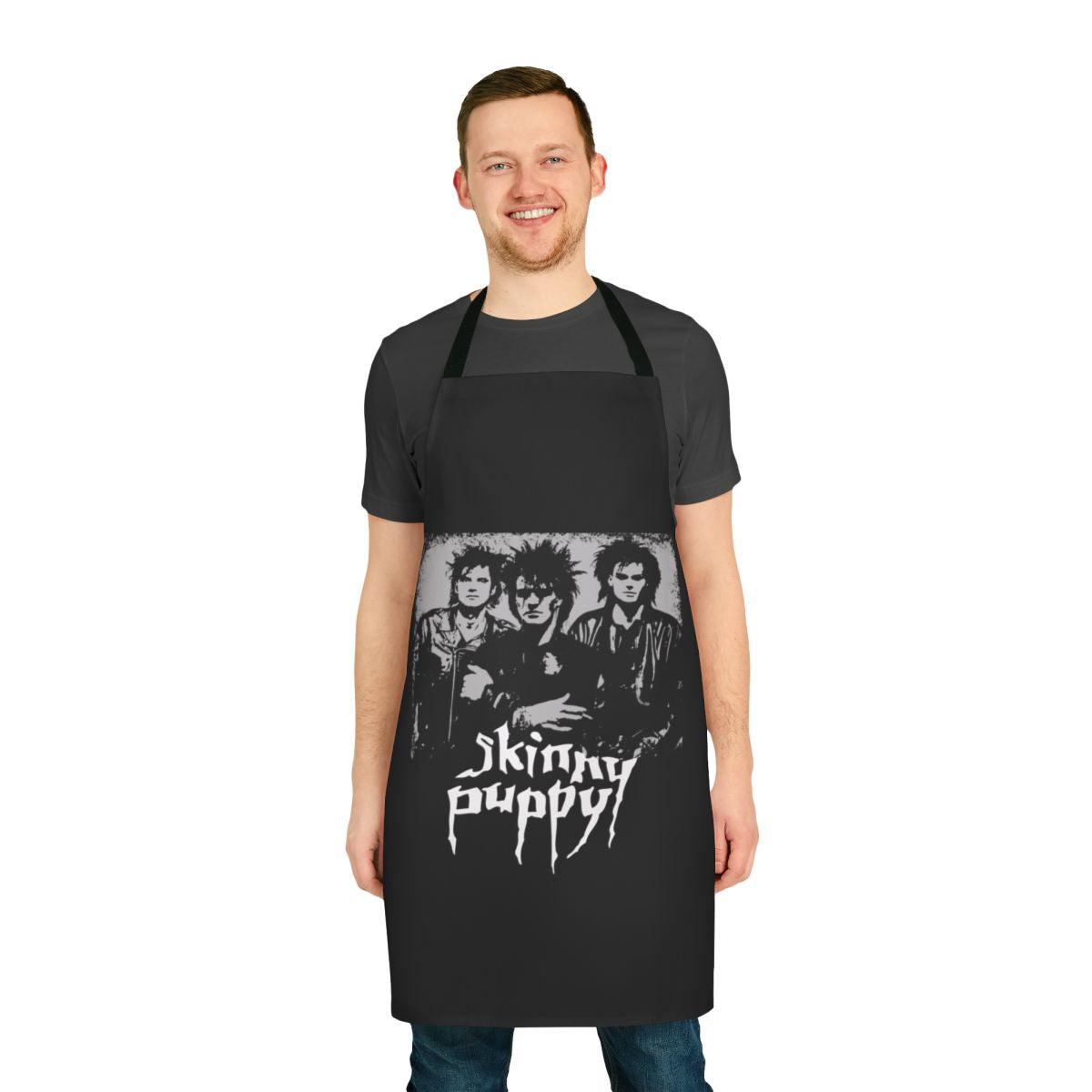 A dark, punk-inspired apron featuring the Skinny Puppy band logo