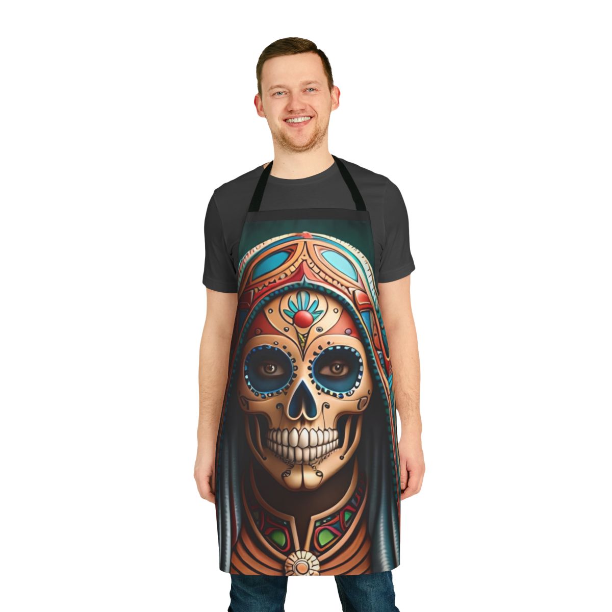 Striking black and white skull design apron for Mexican-inspired kitchen decor