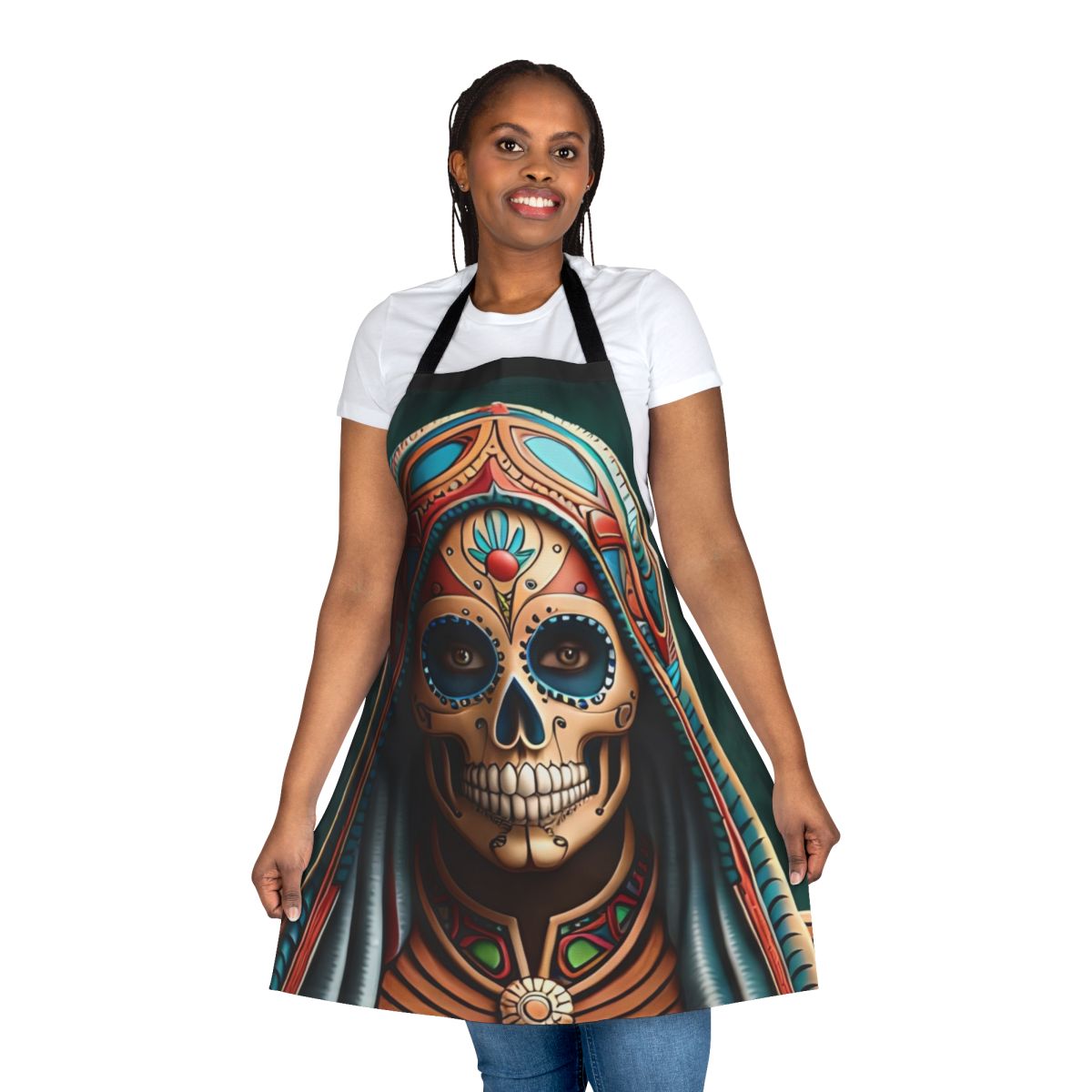 Striking black and white skull design apron for Mexican-inspired kitchen decor
