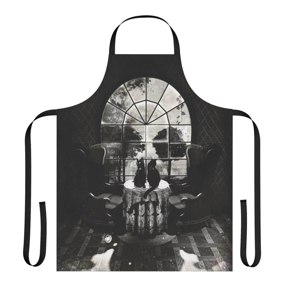 Skull-patterned black apron with a bold, gothic design